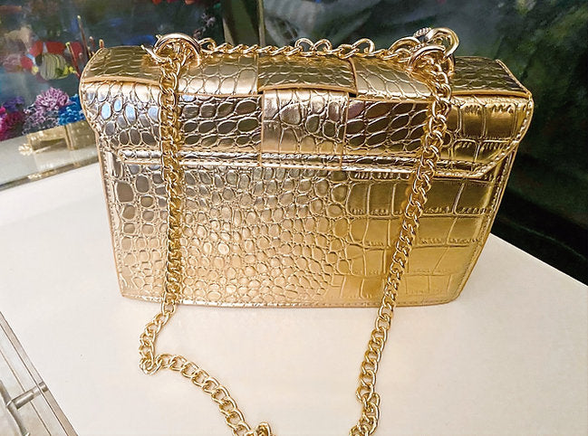 Spend $300 - Free Metallic Gold Croco Print Cassette Bag with Cuban Link Chain