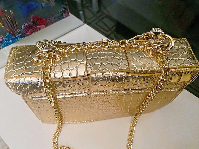 Spend $300 - Free Metallic Gold Croco Print Cassette Bag with Cuban Link Chain