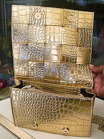 Spend $300 - Free Metallic Gold Croco Print Cassette Bag with Cuban Link Chain